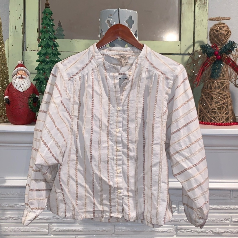 Ace & Jig 100% Cotton White Tan Embroidered Button Down Dolman Sleeve Top S
